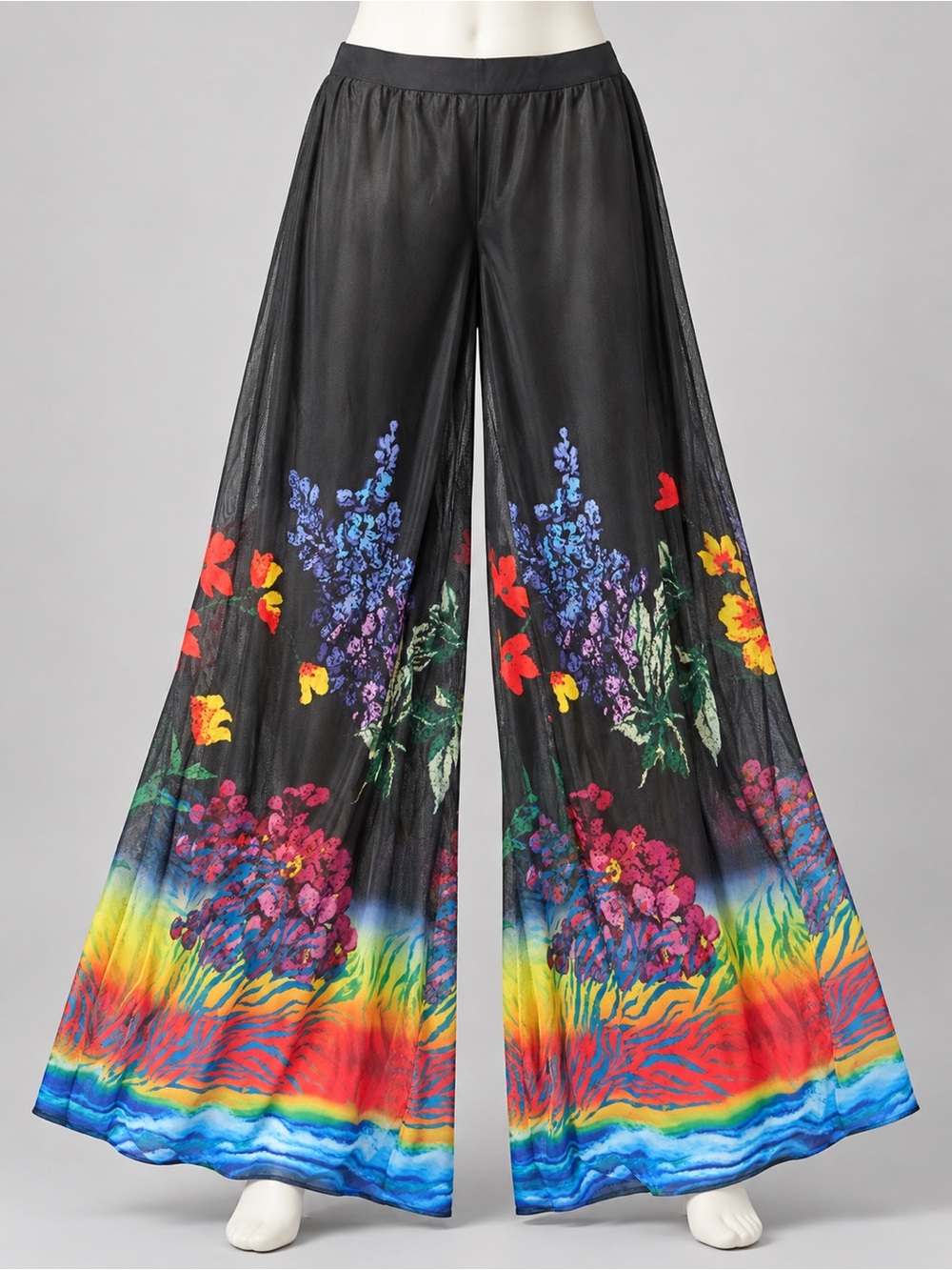 Black Wide-Leg Floral Border Palazzo Pants with Rainbow Hem